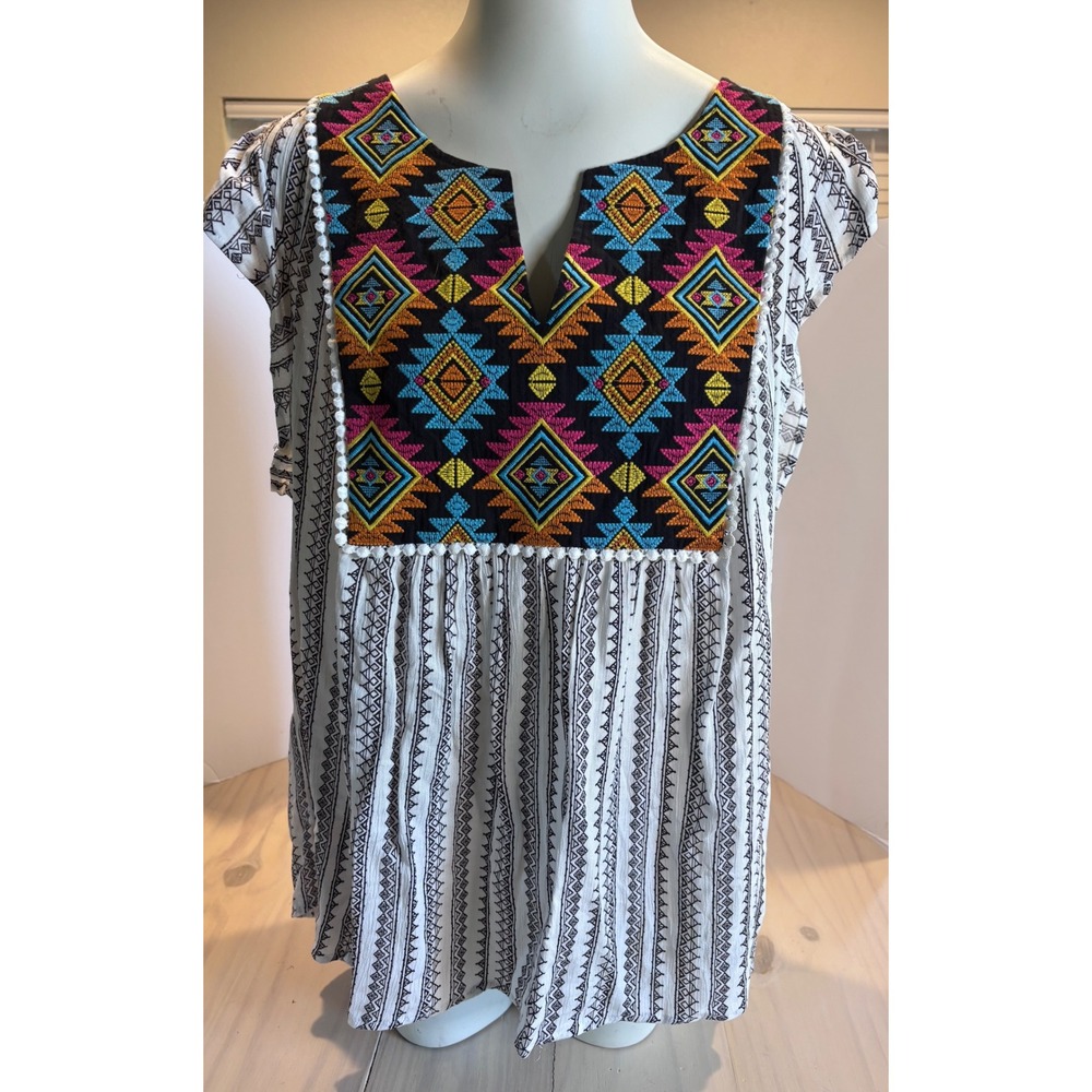 Savanna Jane Women's 1X Boho Embroidered Tribal Geometric V-Neck Top Boho
